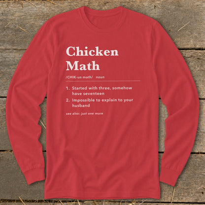 Red long-sleeve shirt with "Chicken Math" definition and humorous explanations.