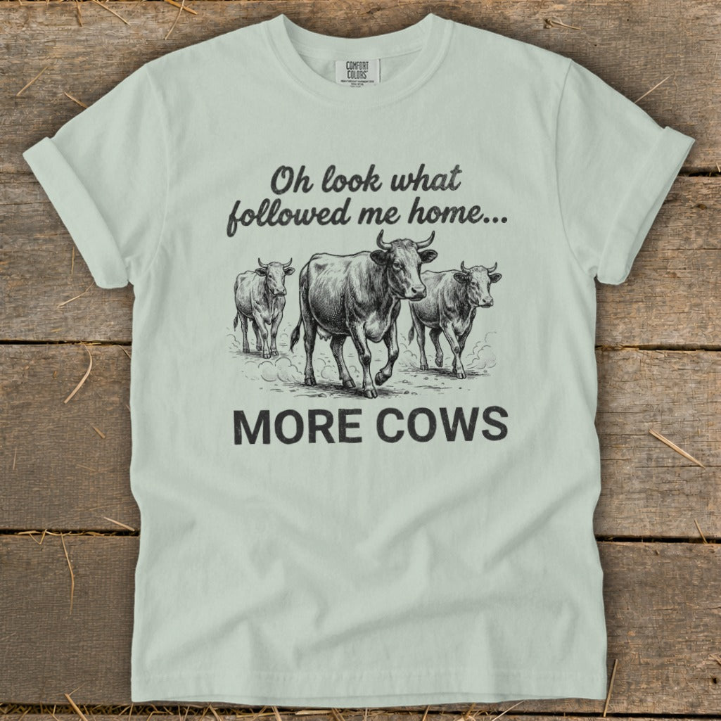 Light green t-shirt with three cows and text "Oh look what followed me home... MORE COWS."
