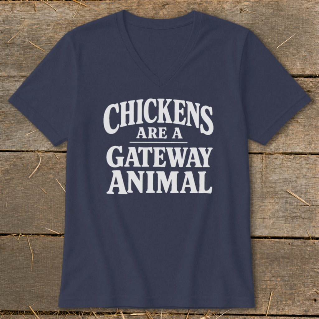 Navy v-neck t-shirt with white text that reads "CHICKENS ARE A GATEWAY ANIMAL".