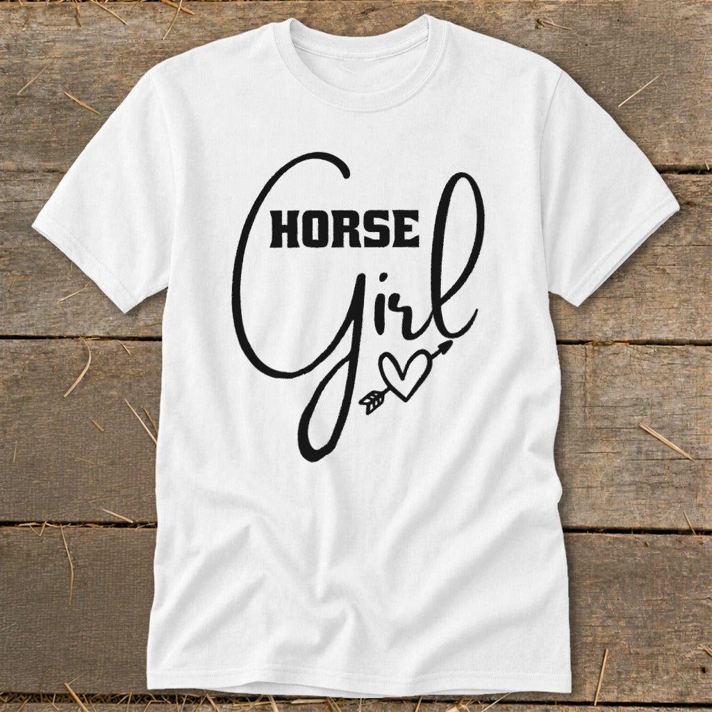 White t-shirt with black "Horse Girl" text and heart with arrow graphic.