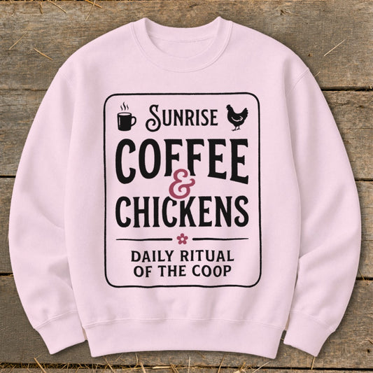 Light pink crewneck sweatshirt with "Sunrise Coffee & Chickens Daily Ritual of the Coop" graphic.