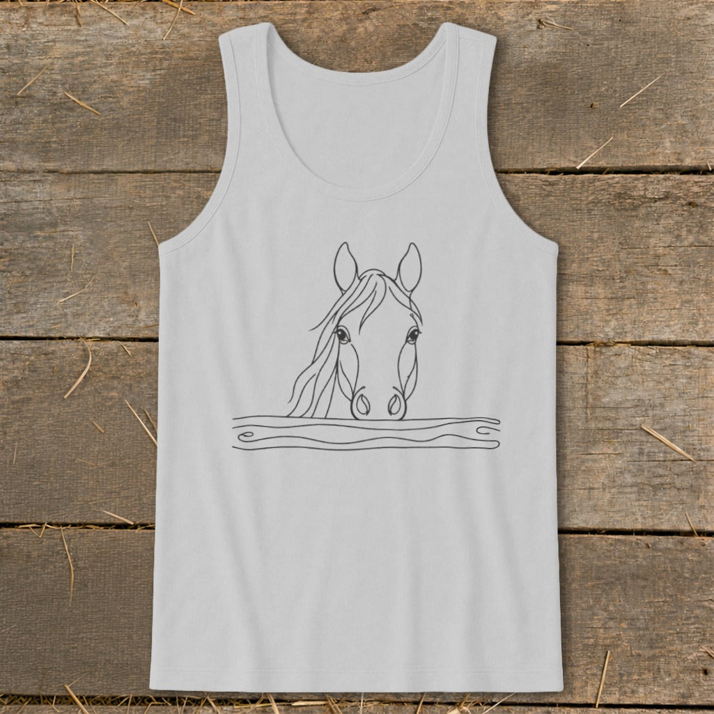 Grey tank top with a minimalist line drawing of a horse's head peeking over a wooden fence.