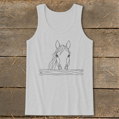 Grey tank top with a minimalist line drawing of a horse's head peeking over a wooden fence.