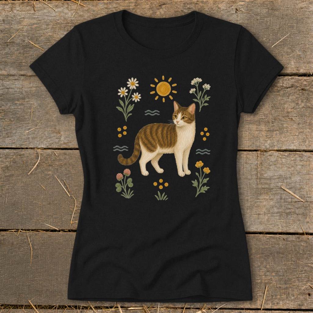 Black t-shirt with tabby cat surrounded by flowers, sun, and waves illustration.