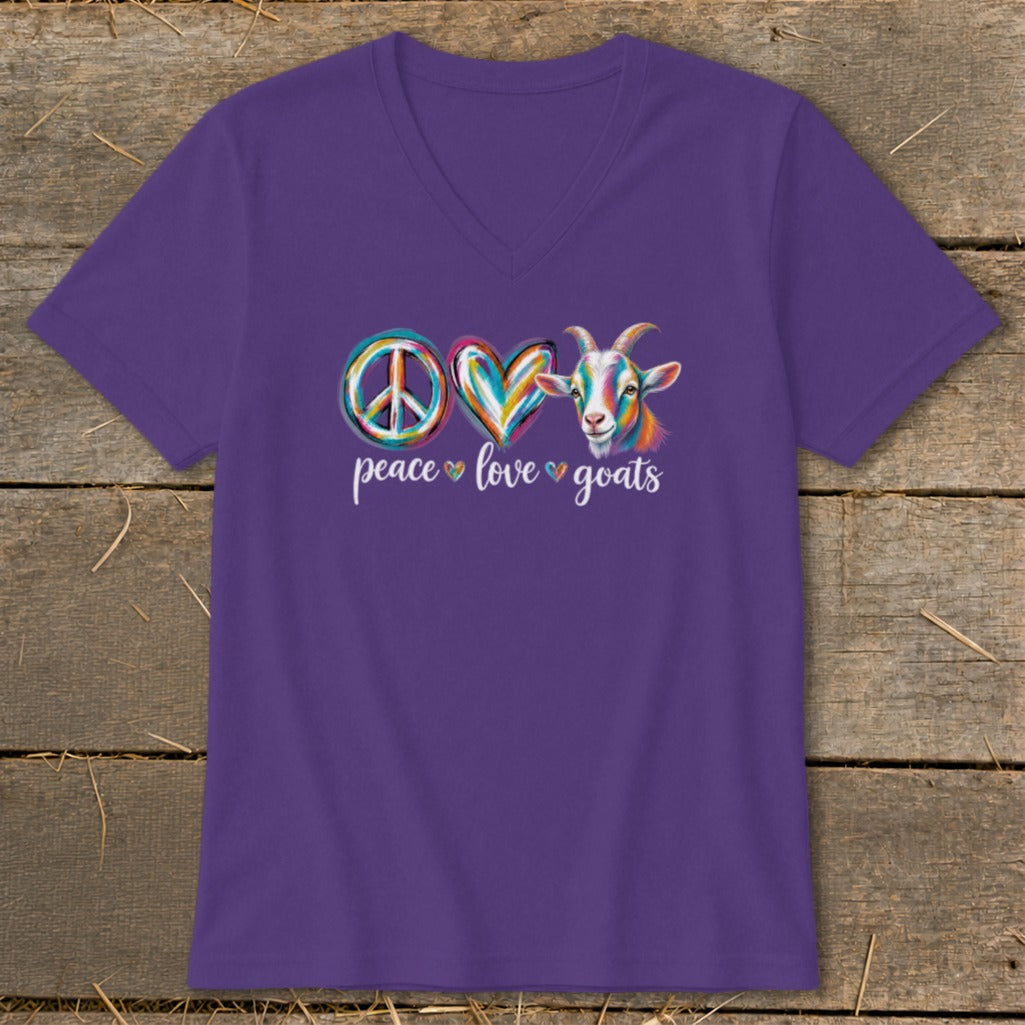 Purple v-neck t-shirt with peace, heart, and goat graphic and text "peace love goats."