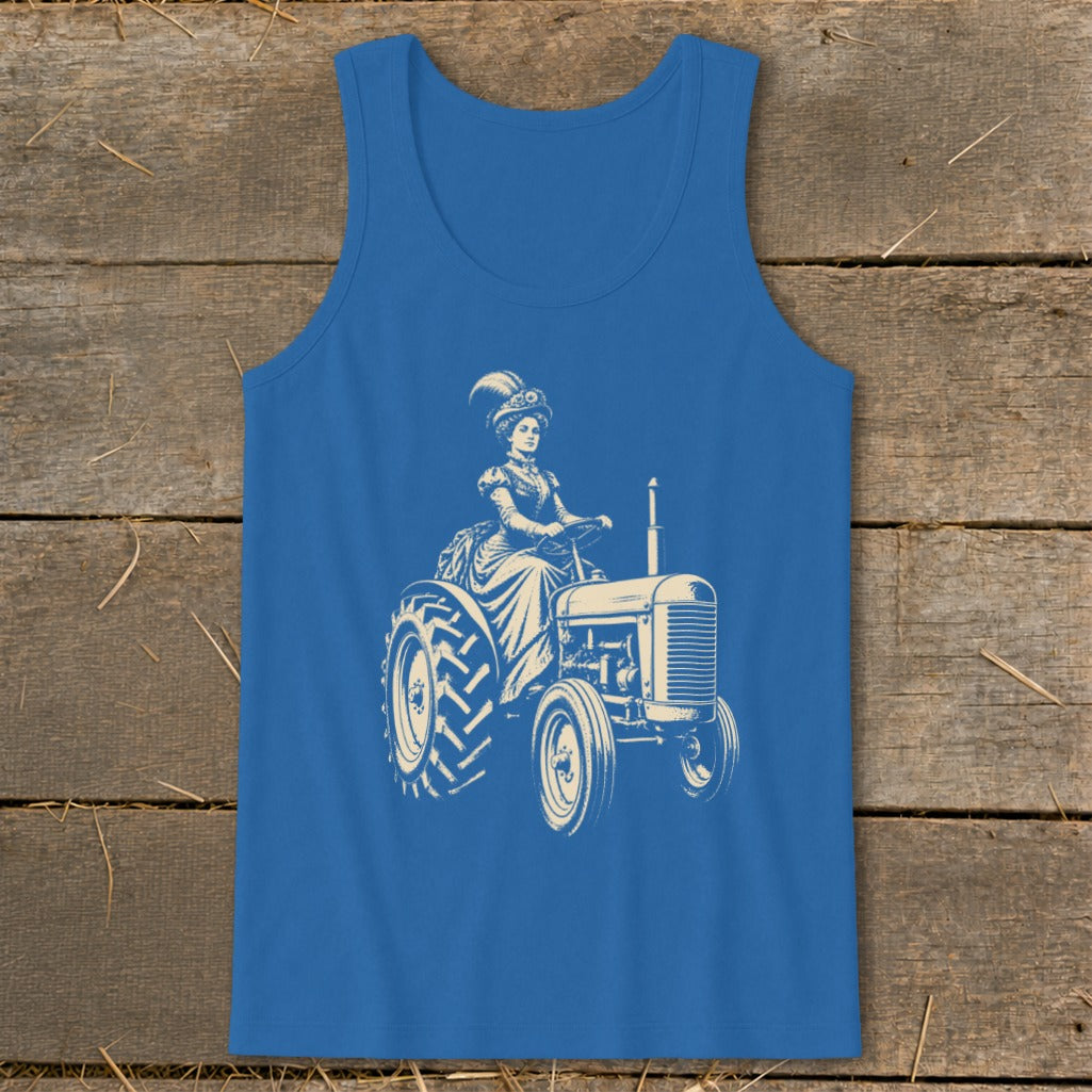 Vintage woman in ornate dress driving a tractor, graphic on blue tank top.