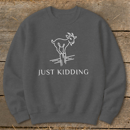 Dark gray sweatshirt with white line art of a goat and text reading "JUST KIDDING."
