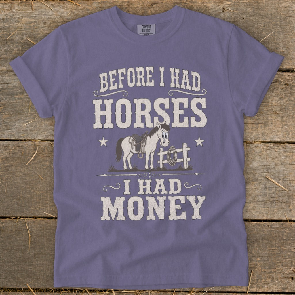 Purple t-shirt with "Before I Had Horses I Had Money" text and cartoon horse graphic.