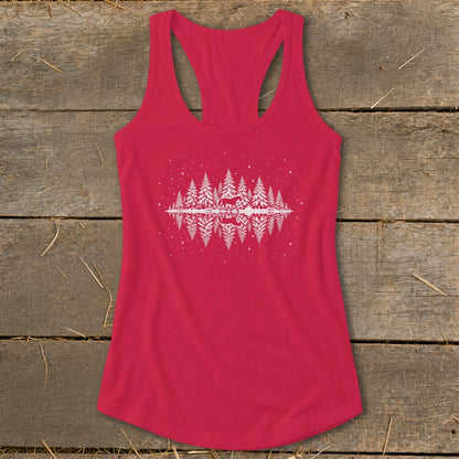 Red tank top with white graphic of trees, deer, and snowflakes reflected in water.