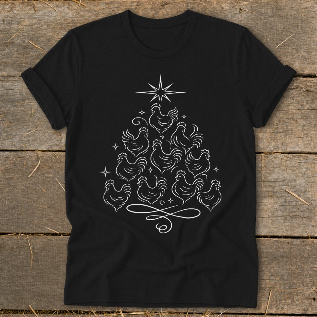 Black t-shirt with white outline drawing of chickens arranged in a Christmas tree shape.