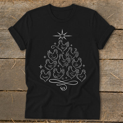Black t-shirt with white outline drawing of chickens arranged in a Christmas tree shape.