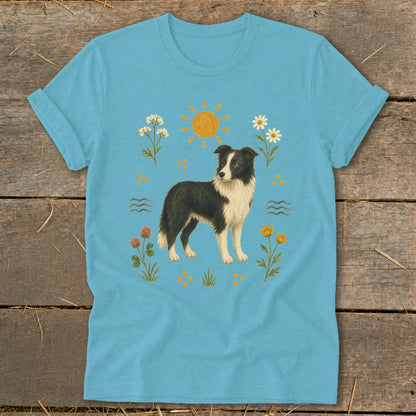 A border collie stands among flowers, the sun, and wavy lines on a blue t-shirt.