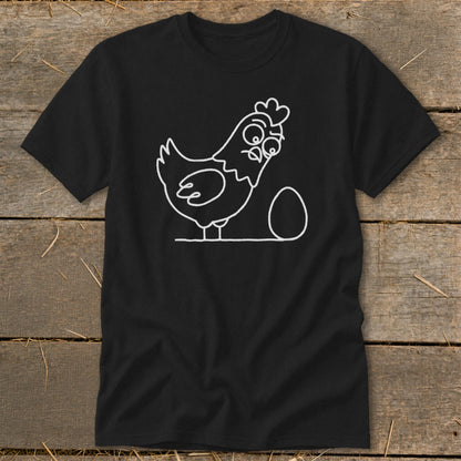 Black t-shirt with white line drawing of a surprised chicken and an egg.