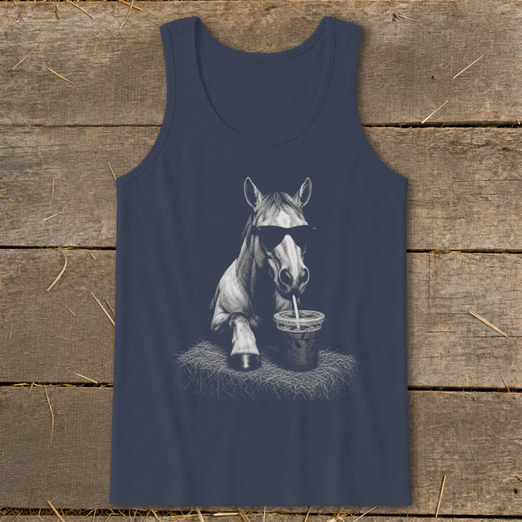 Navy tank top with graphic of a horse wearing sunglasses drinking from a cup.