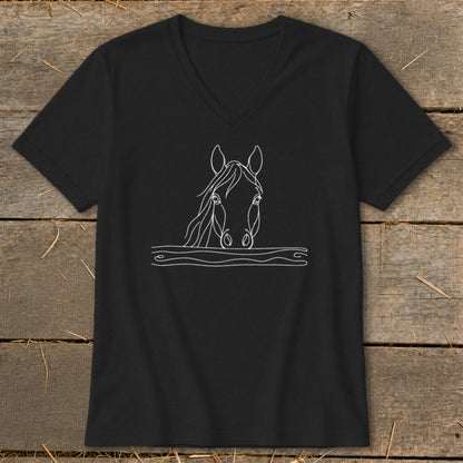 Black v-neck t-shirt with a white line drawing of a horse's head above stylized water.