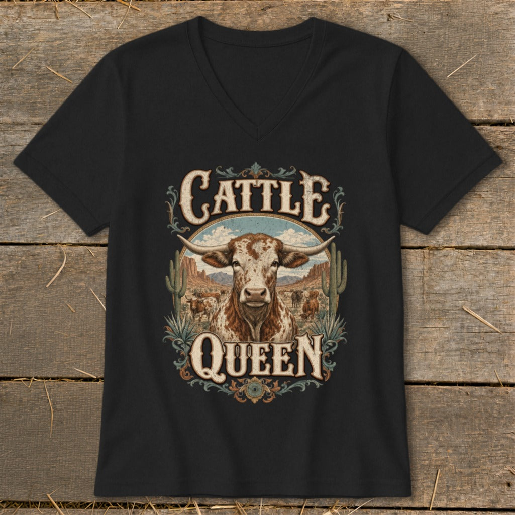Black t-shirt with "Cattle Queen" text and a longhorn steer in a desert landscape.