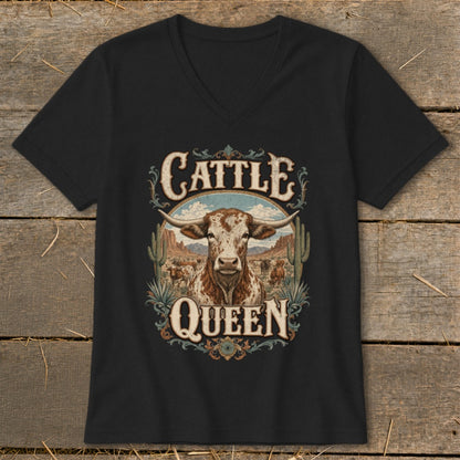 Black t-shirt with "Cattle Queen" text and a longhorn steer in a desert landscape.