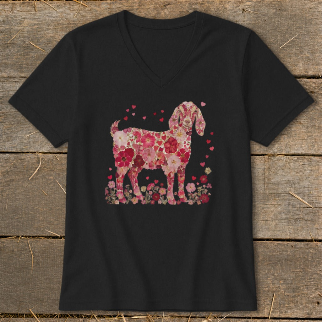Black t-shirt with floral goat graphic surrounded by pink hearts and flowers.