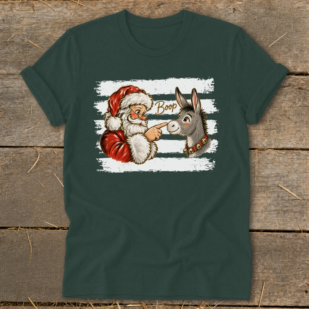 Santa booping a donkey on the nose, with "Boop" text.