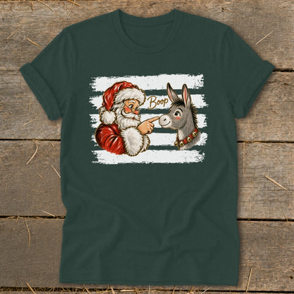 Santa booping a donkey on the nose, with "Boop" text.