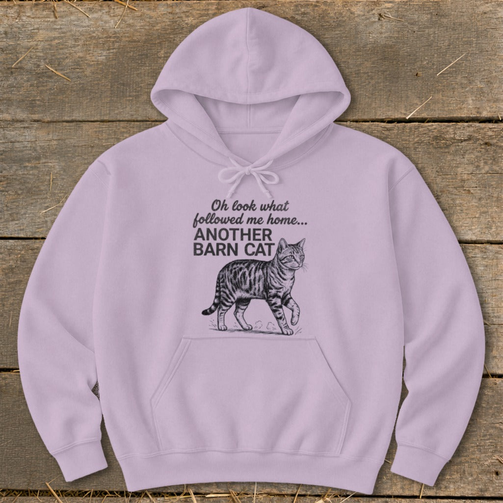 Light purple hoodie with text and a drawing of a tabby cat.