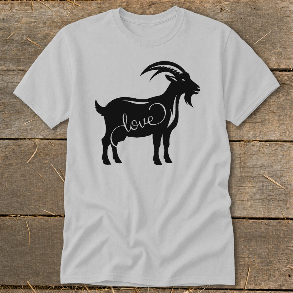 T-shirt with black silhouette of a goat with the word "love" on its side.