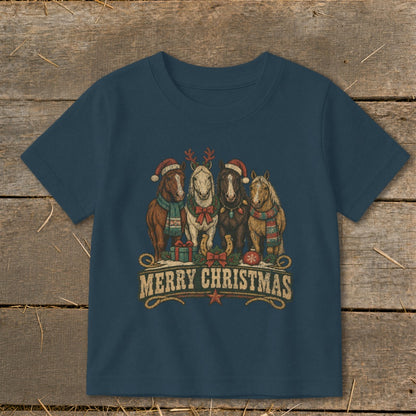 Four horses wearing Santa hats and scarves, with "Merry Christmas" text below.
