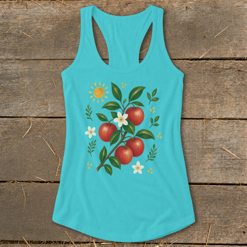 Teal tank top with painted branch of red apples, white blossoms, and sun.