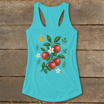 Teal tank top with painted branch of red apples, white blossoms, and sun.