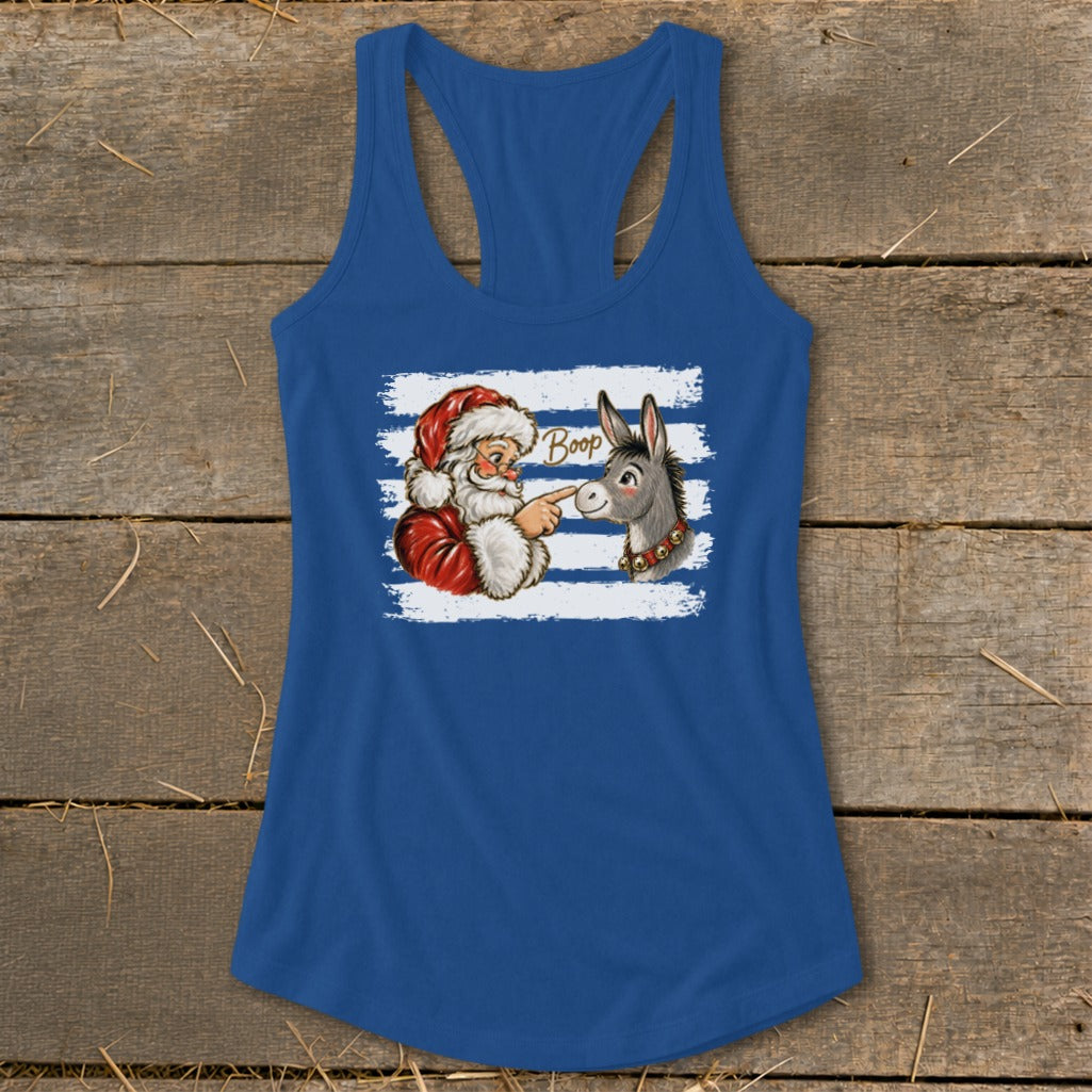 Santa Claus booping a donkey with "Boop" text on a blue tank top.
