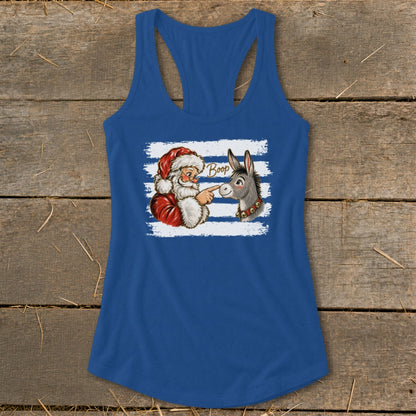 Santa Claus booping a donkey with "Boop" text on a blue tank top.