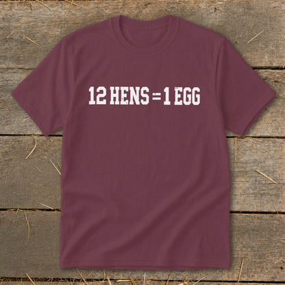 Maroon crewneck t-shirt with white distressed text reading 12 HENS = 1 EGG on the chest.