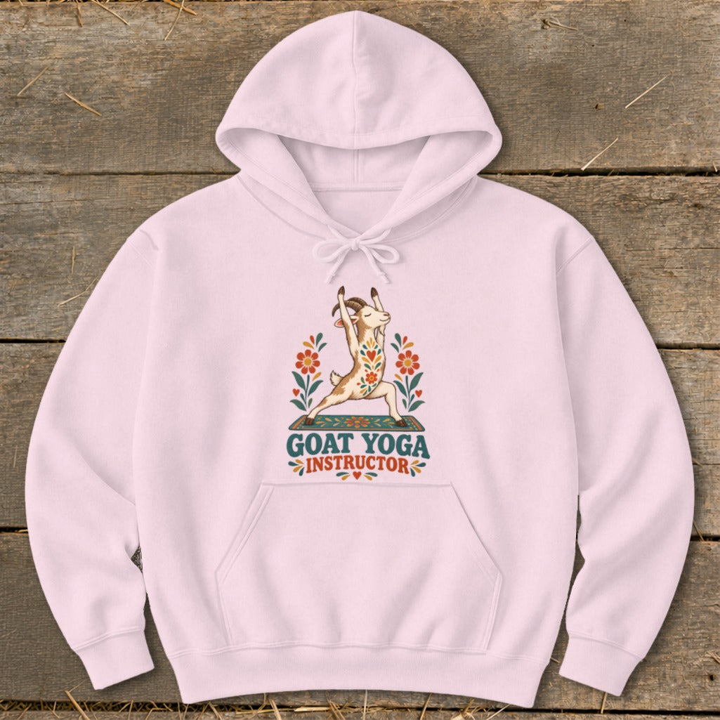 Light pink hoodie with "Goat Yoga Instructor" text and a goat in a yoga pose.