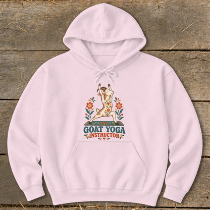 Light pink hoodie with "Goat Yoga Instructor" text and a goat in a yoga pose.