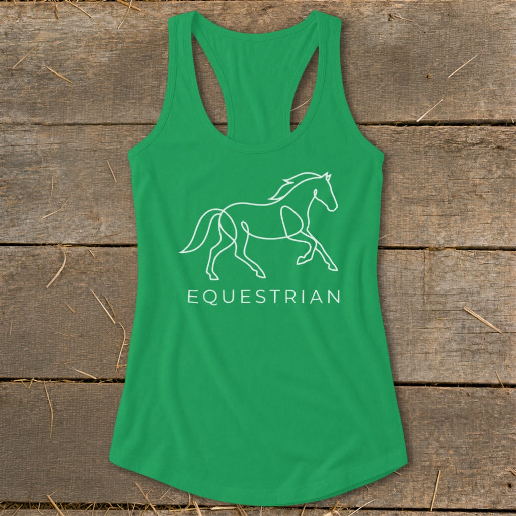 Green tank top with white line art of a horse and text "EQUESTRIAN".
