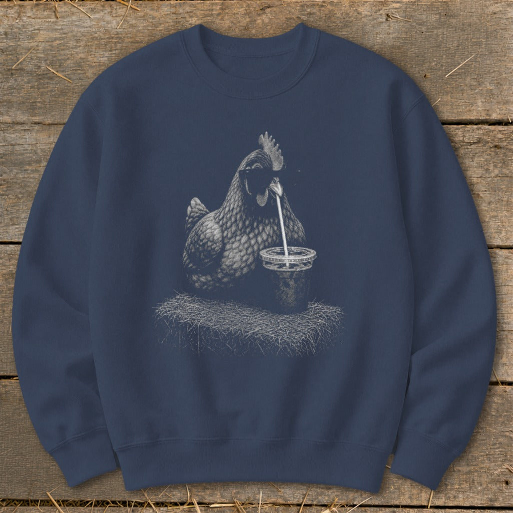 Navy sweatshirt with a charcoal drawing of a chicken drinking from a straw in a cup.