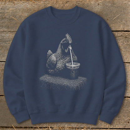 Navy sweatshirt with a charcoal drawing of a chicken drinking from a straw in a cup.