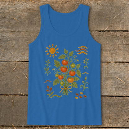 Blue tank top with a central illustration of a tomato plant and a sun.