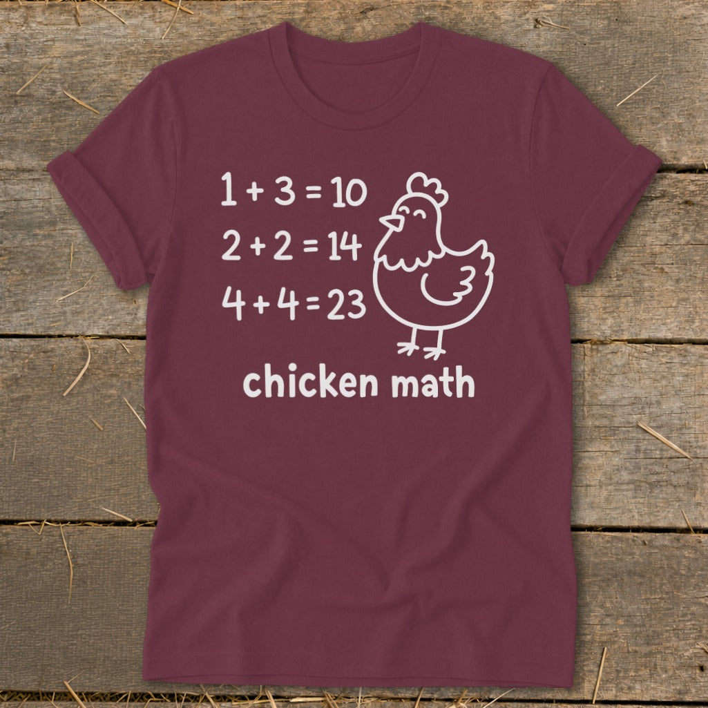 Maroon t-shirt with white text and a chicken graphic. "Chicken math" with funny math equations.