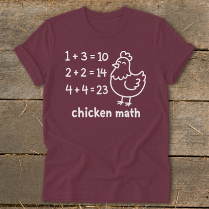 Maroon t-shirt with white text and a chicken graphic. "Chicken math" with funny math equations.
