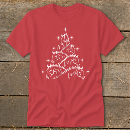 Red t-shirt with a white horse-shaped Christmas tree graphic and scattered stars.