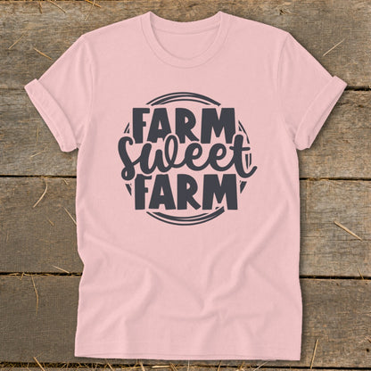 Pink t-shirt with "FARM Sweet FARM" text in a circle.