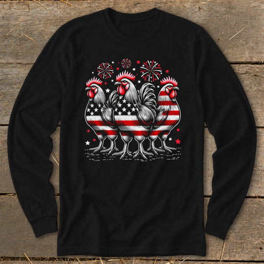 Three roosters in American flag design with fireworks above.