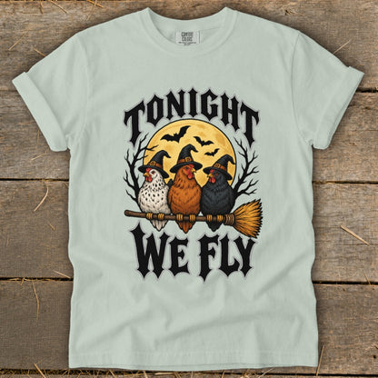 Three chickens wearing witch hats fly on a broomstick under a full moon.