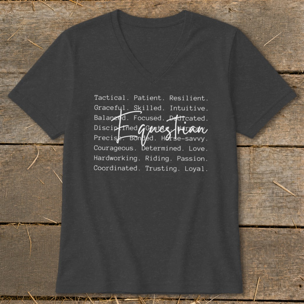 Dark grey t-shirt with list of words and "Equestrian" in cursive.