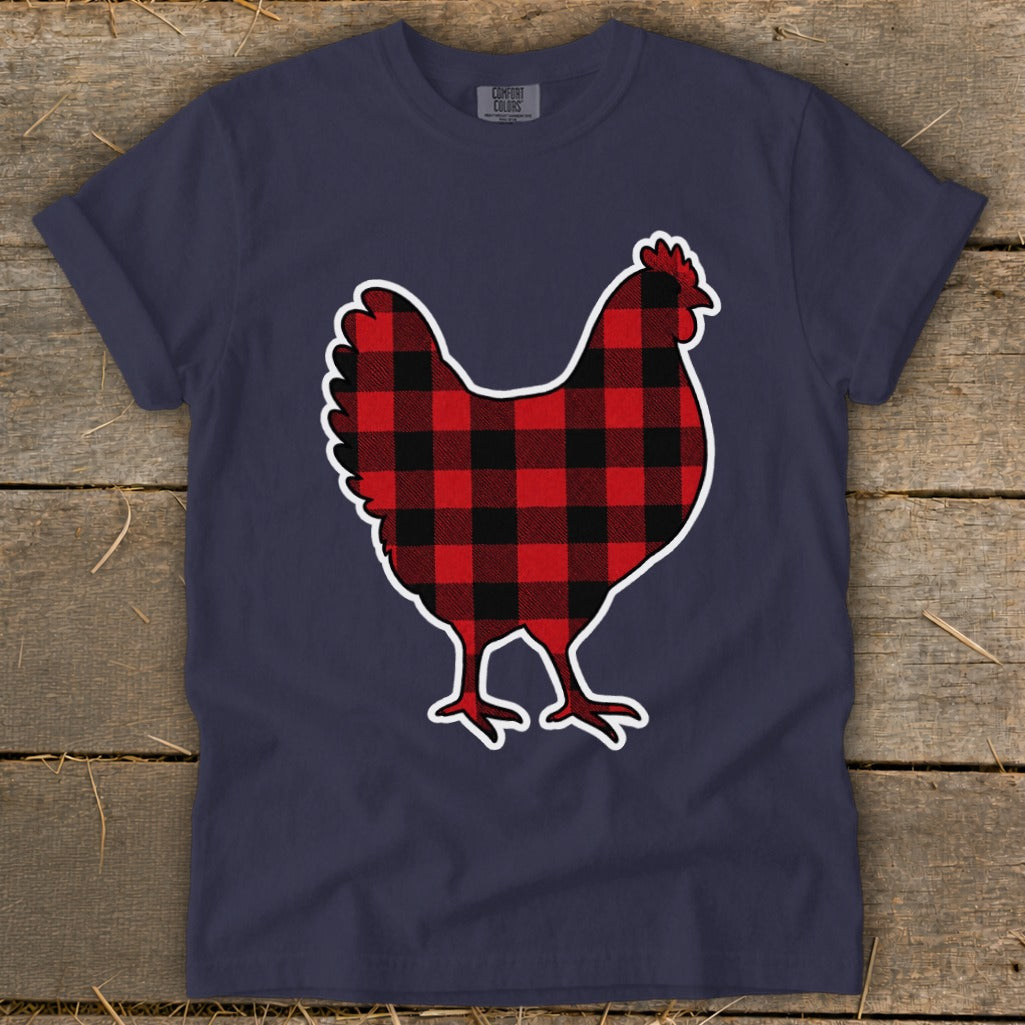 Navy t-shirt with a red and black buffalo plaid chicken graphic.