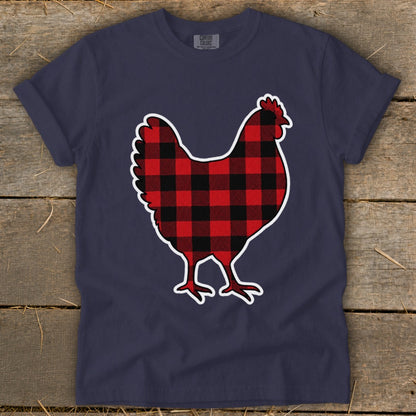 Navy t-shirt with a red and black buffalo plaid chicken graphic.