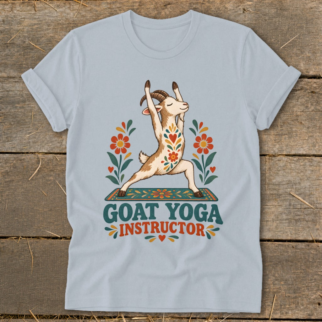 Goat in yoga pose on mat with "GOAT YOGA INSTRUCTOR" text.