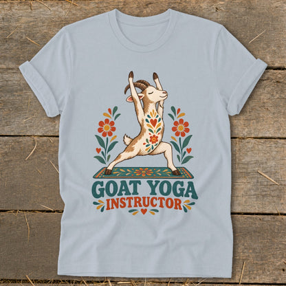 Goat in yoga pose on mat with "GOAT YOGA INSTRUCTOR" text.