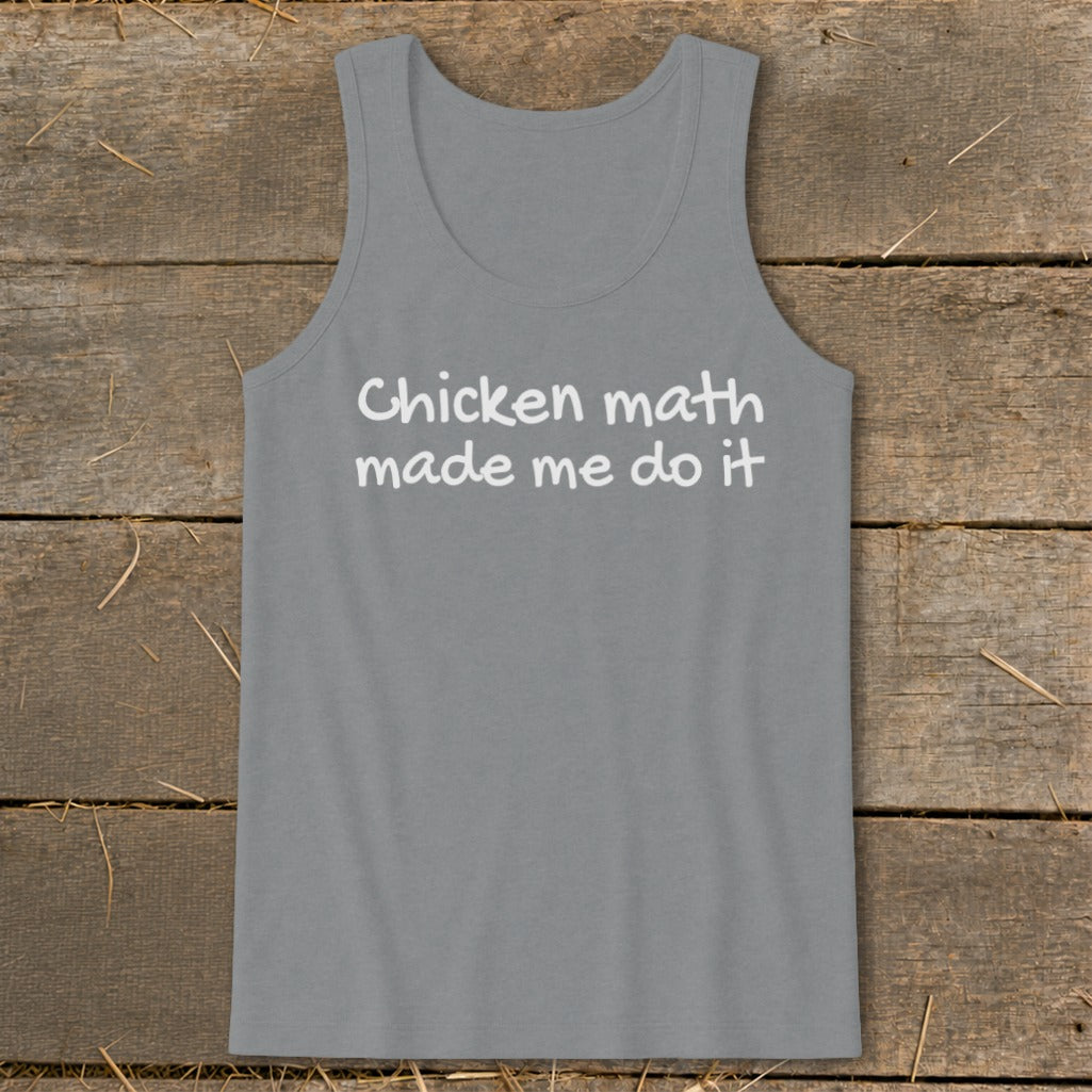 Grey tank top with white text reading "Chicken math made me do it".